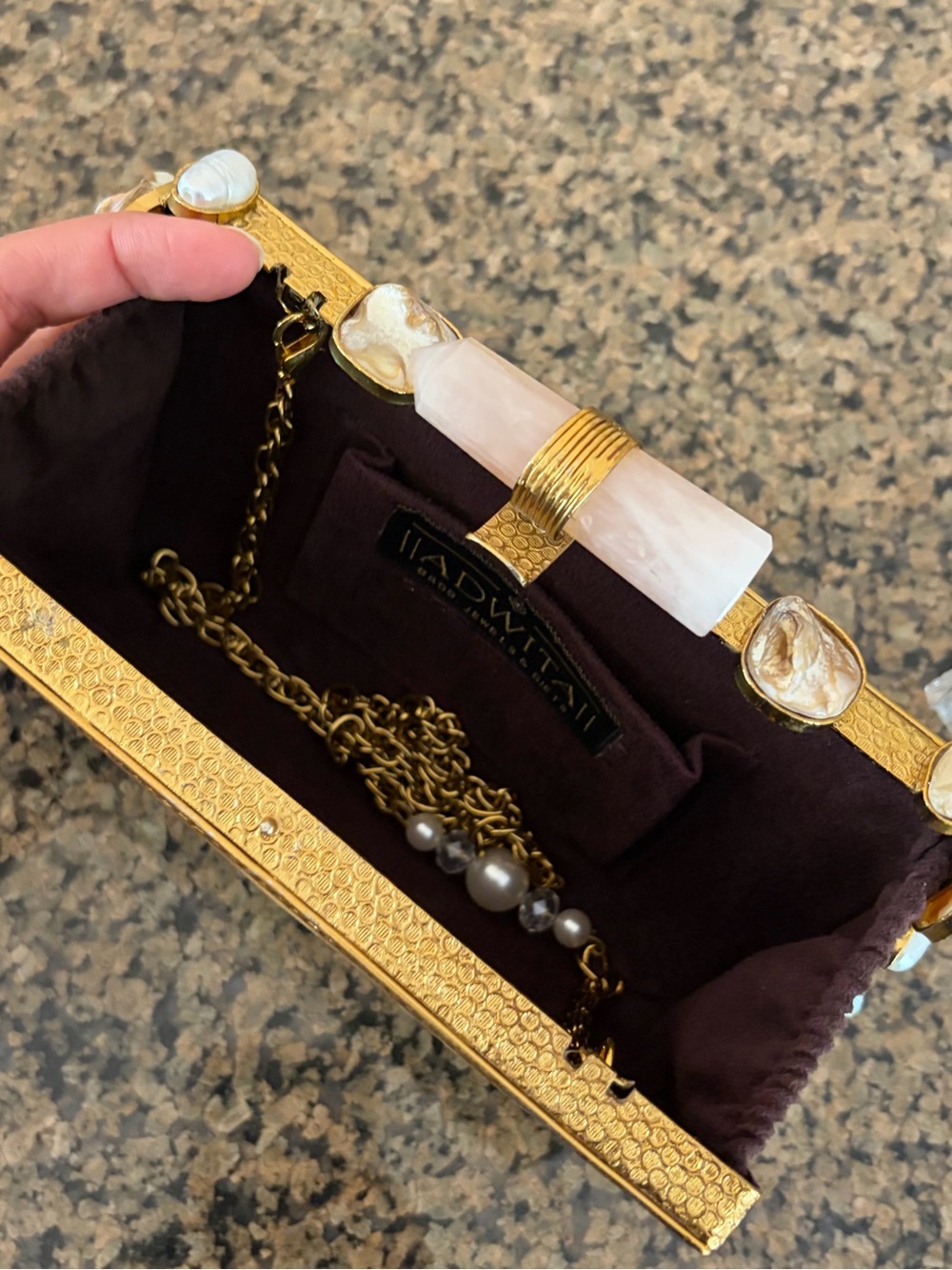 Gold and Shell Rectangular Evening Clutch with Rose Quartz Accent - Picture 7 of 7
